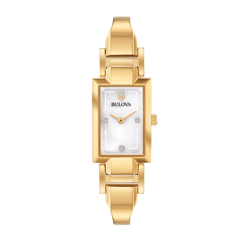 Ladies' Bulova Classic Diamond Accent Gold-Tone Bangle Watch with Rectangular Mother-of-Pearl Dial (Model: 97P141)