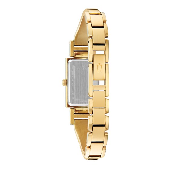 Ladies' Bulova Classic Diamond Accent Gold-Tone Bangle Watch with Rectangular Mother-of-Pearl Dial (Model: 97P141)
