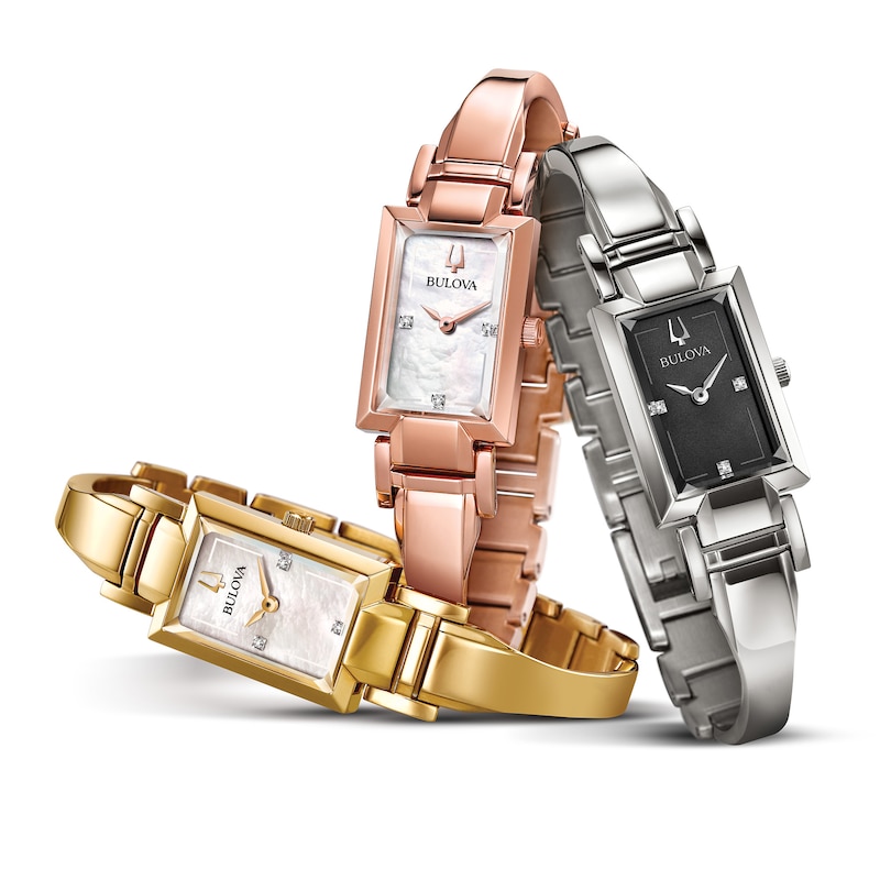 Main Image 4 of Ladies' Bulova Classic Diamond Accent Gold-Tone Bangle Watch with Rectangular Mother-of-Pearl Dial (Model: 97P141)