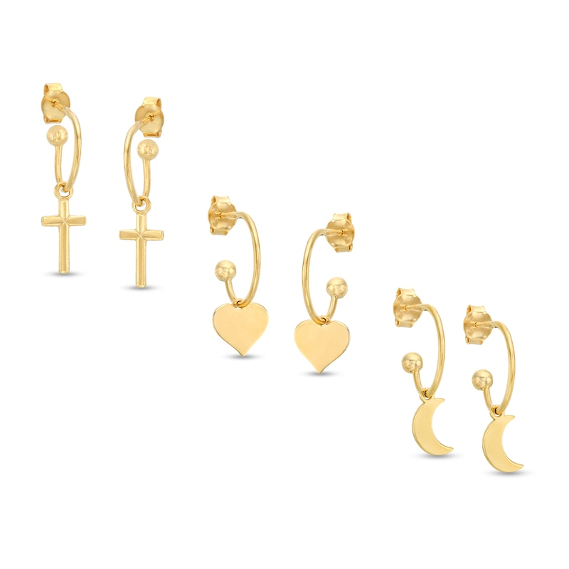 Main Image 1 of Made in Italy Heart, Cross or Crescent Moon Dangle Three Pair J-Hoop Earrings Set in Sterling Silver with 18K Gold Plate