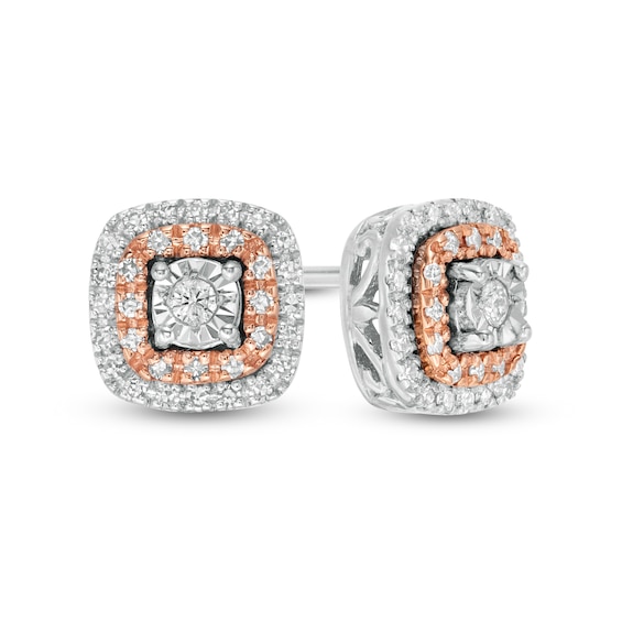 1/5 CT. T.w. Diamond Cushion Frame Stud Earrings in Sterling Silver and 10K Rose Gold