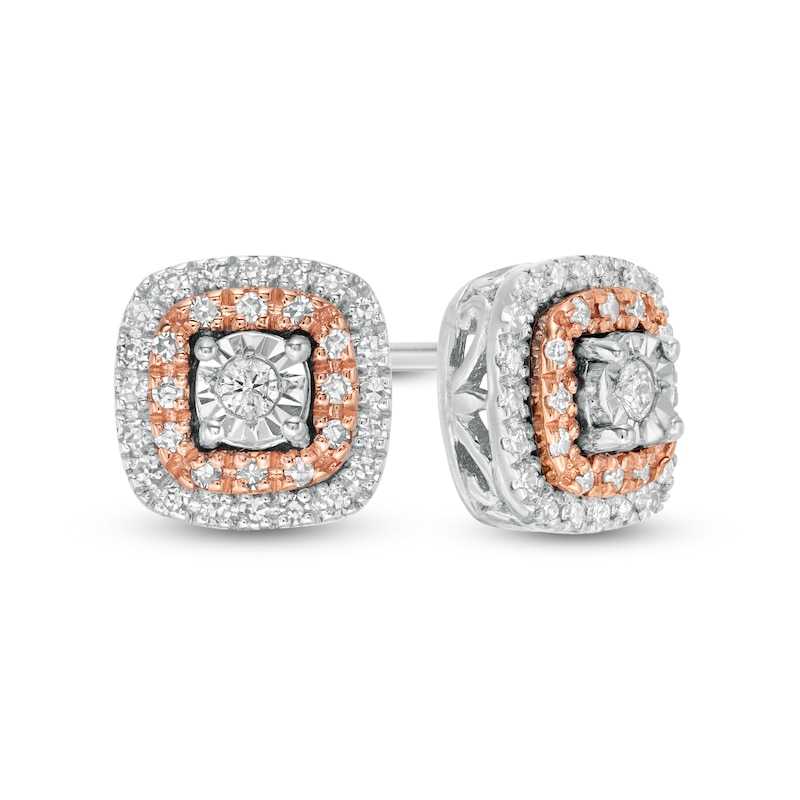 Main Image 1 of 1/5 CT. T.W. Diamond Cushion Frame Stud Earrings in Sterling Silver and 10K Rose Gold