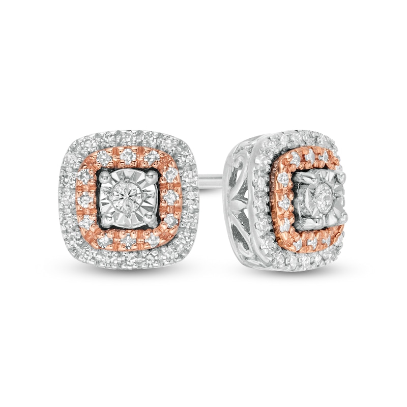 1/5 CT. T.W. Diamond Cushion Frame Stud Earrings in Sterling Silver and 10K Rose Gold