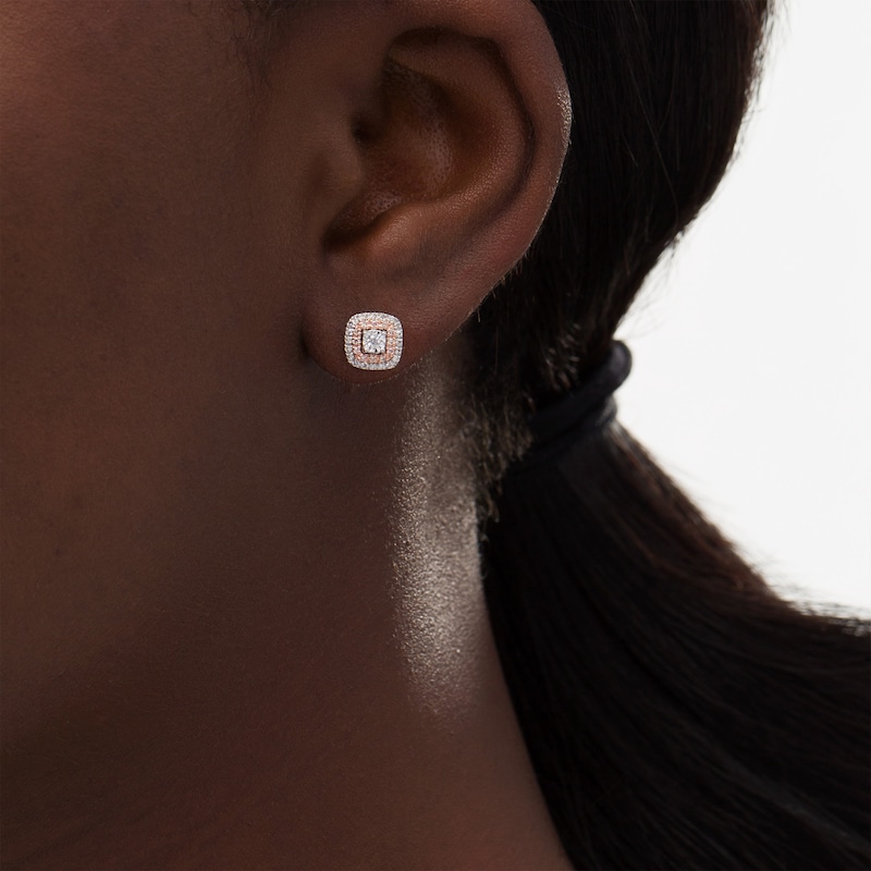 Main Image 2 of 1/5 CT. T.W. Diamond Cushion Frame Stud Earrings in Sterling Silver and 10K Rose Gold