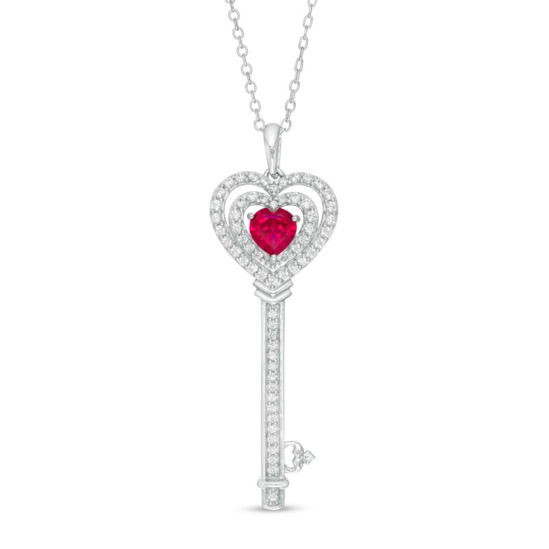 Main Image 1 of 5.0mm Lab-Created Ruby and White Sapphire Heart-Top Key Pendant in Sterling Silver