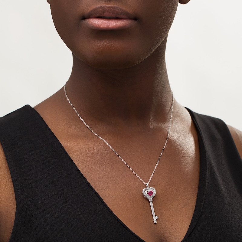 Main Image 2 of 5.0mm Lab-Created Ruby and White Sapphire Heart-Top Key Pendant in Sterling Silver