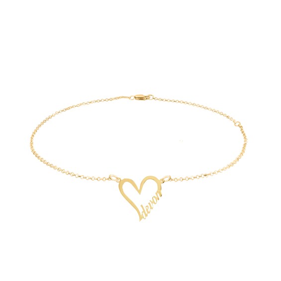 Script Name Heart Outline Anklet in Sterling Silver with 14K Yellow or