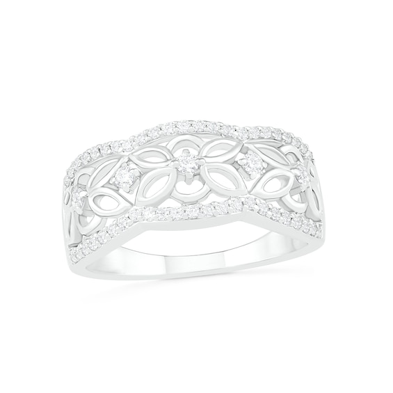 1/3 CT. T.w. Diamond Ornate Flower Scallop-Edge Ring in Sterling Silver
