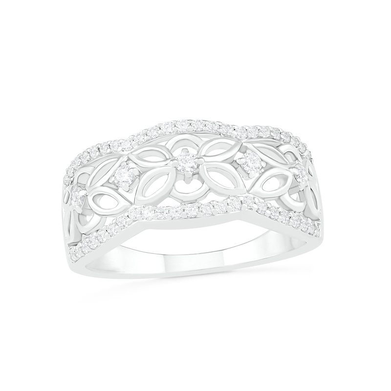 Main Image 1 of 1/3 CT. T.W. Diamond Ornate Flower Scallop-Edge Ring in Sterling Silver