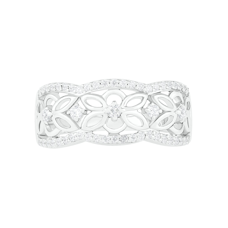 Main Image 3 of 1/3 CT. T.W. Diamond Ornate Flower Scallop-Edge Ring in Sterling Silver