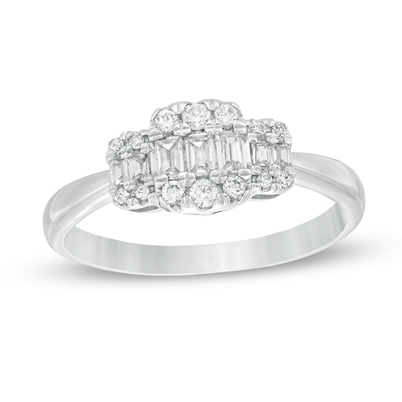Main Image 1 of 1/3 CT. T.W. Emerald-Shaped Multi-Diamond Three Stone Ring in 10K White Gold