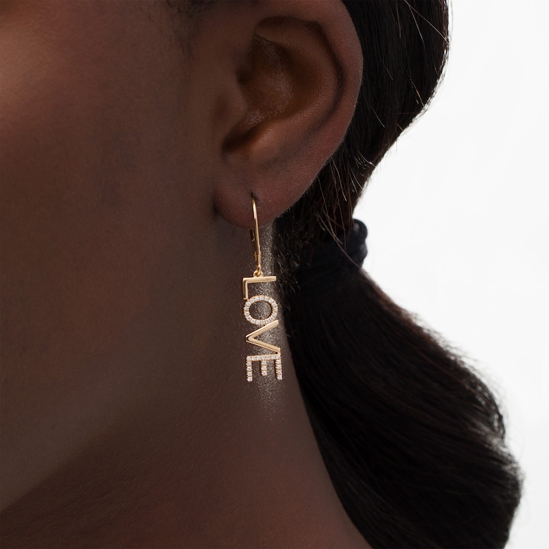 Main Image 2 of 1/4 CT. T.W. Diamond "LOVE" Drop Earrings in 10K Gold