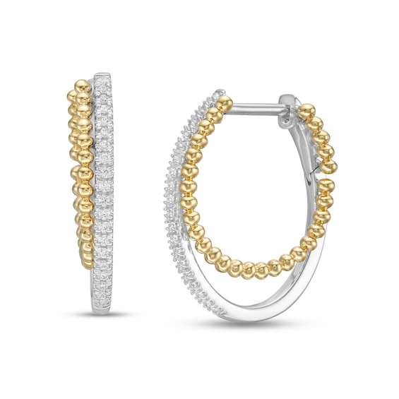 1/5 CT. T.w. Diamond Beaded Double Hoop Earrings in Sterling Silver and 10K Gold