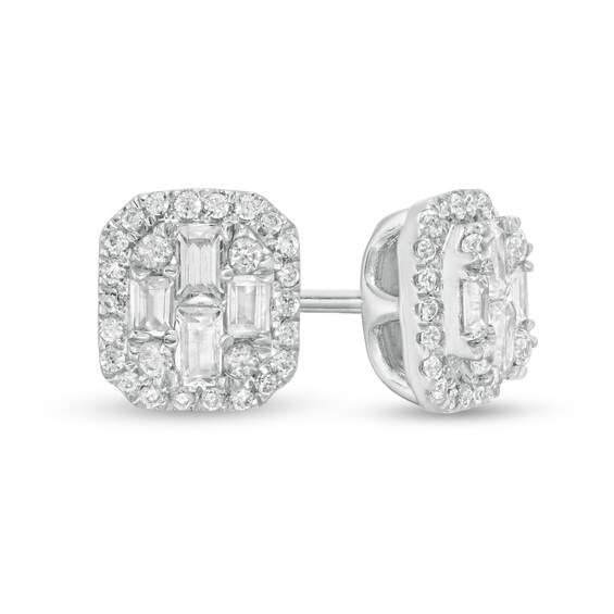 1/4 CT. T.w. Baguette and Round Composite Diamond Cushion Frame Stud Earrings in 10K White Gold