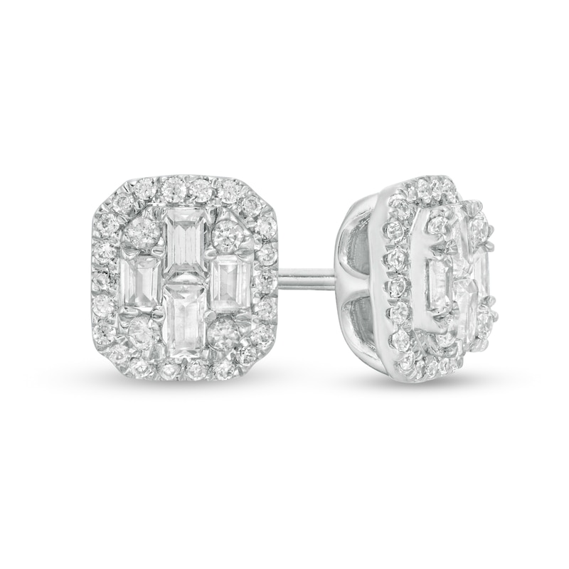 1/4 CT. T.W. Baguette and Round Composite Diamond Cushion Frame Stud Earrings in 10K White Gold