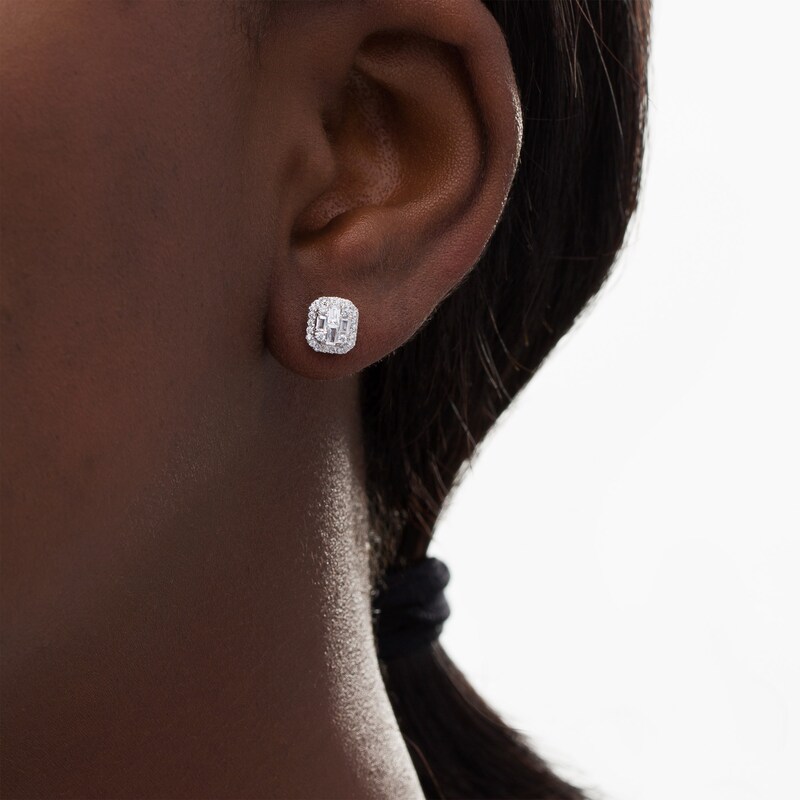 Main Image 2 of 1/4 CT. T.W. Baguette and Round Composite Diamond Cushion Frame Stud Earrings in 10K White Gold