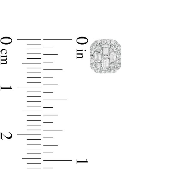 1/4 CT. T.w. Baguette and Round Composite Diamond Cushion Frame Stud Earrings in 10K White Gold