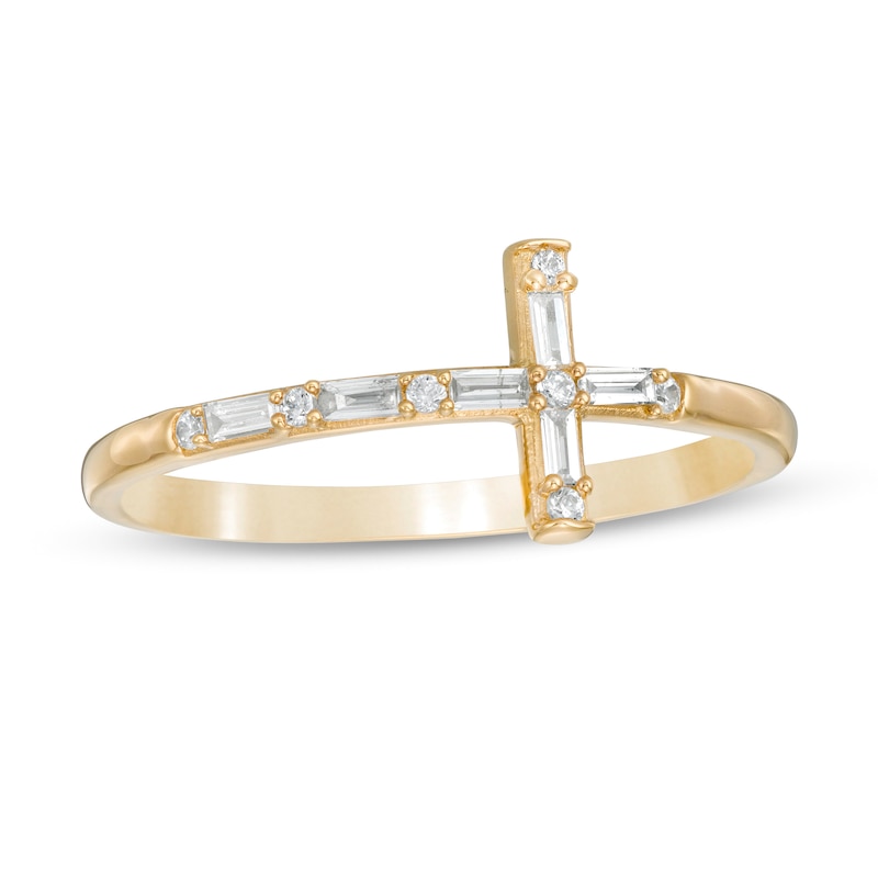 1/8 CT. T.W. Baguette and Round Diamond Cross Ring in 10K Gold