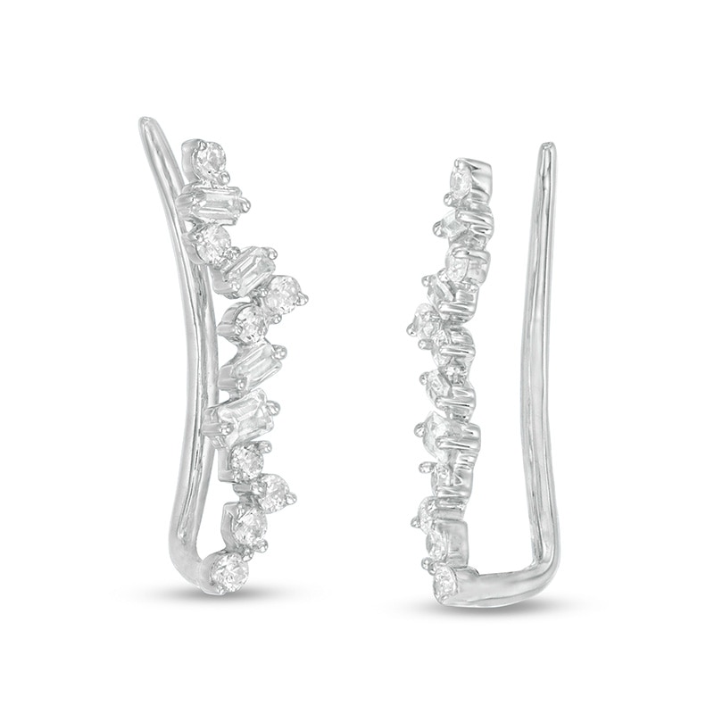 Main Image 1 of 1/4 CT. T.W. Baguette and Round Diamond Crawler Earrings in 10K White Gold