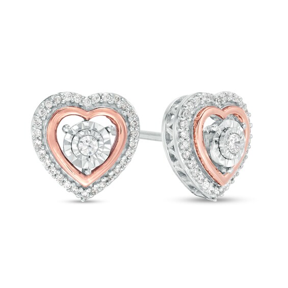 1/6 CT. T.w. Diamond Heart Stud Earrings in Sterling Silver and 10K Rose Gold
