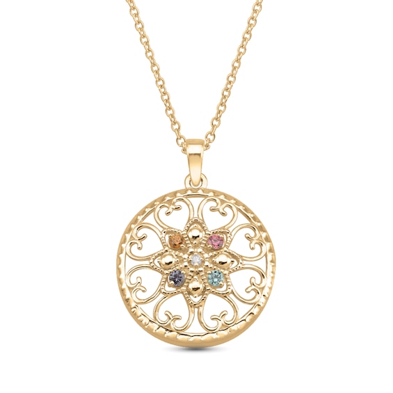 Mother's Birthstone and Diamond Accent Filigree Hearts Mandala Pendant (4-8 Stones)