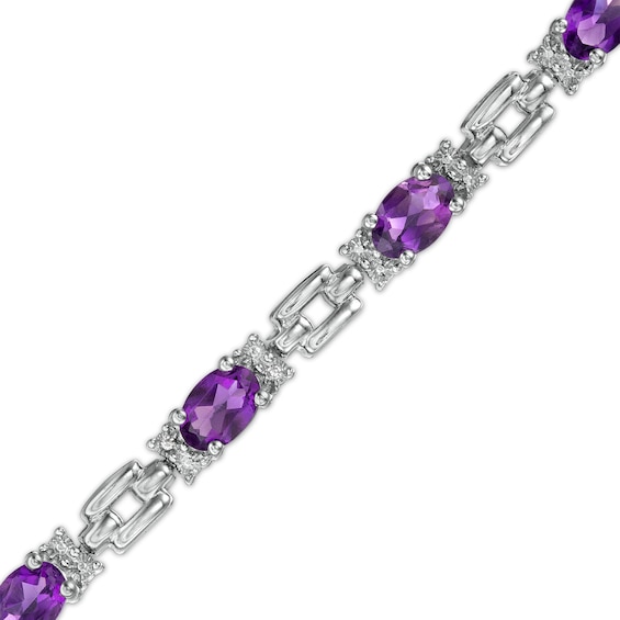 Oval Amethyst and Diamond Accent Beaded Brick Link Alternating Line Bracelet in Sterling Silver - 7.25"