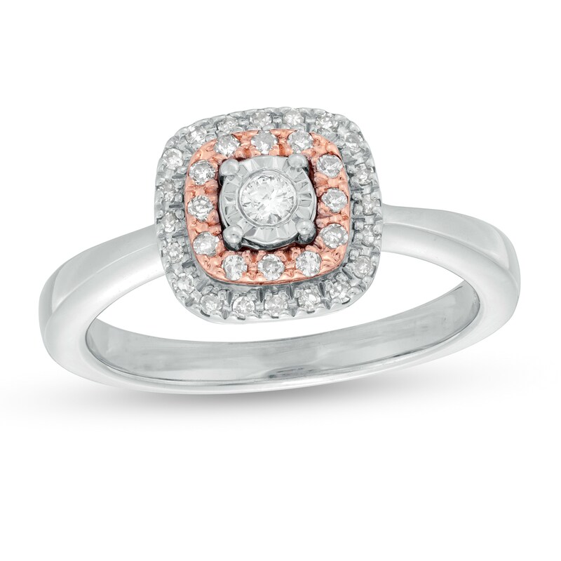 Main Image 1 of 1/5 CT. T.W. Diamond Double Cushion Frame Ring in Sterling Silver and 10K Rose Gold