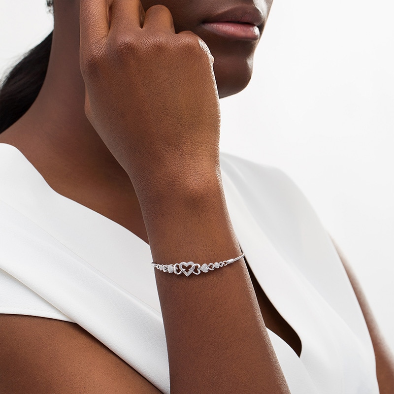 Main Image 2 of 1/10 CT. T.W. Diamond Heart Bolo Bracelet in Sterling Silver - 9.5"