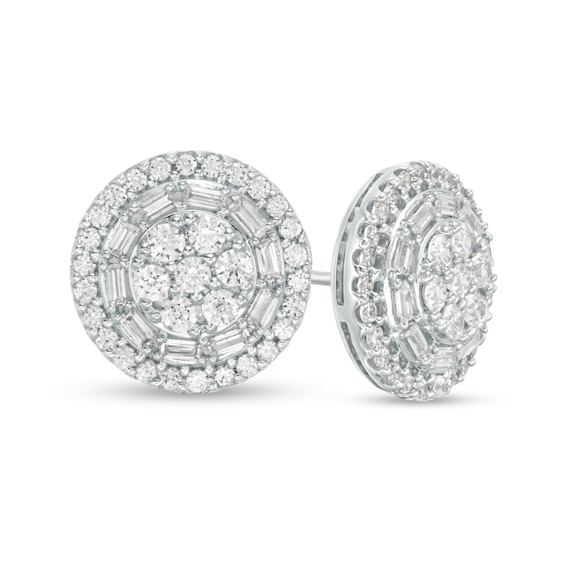 1 CT. T.W. Baguette and Round Diamond Frame Stud Earrings in 10K White Gold
