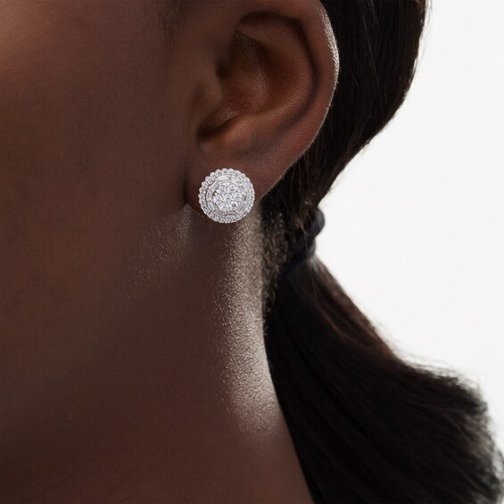1 CT. T.w. Baguette and Round Diamond Frame Stud Earrings in 10K White Gold