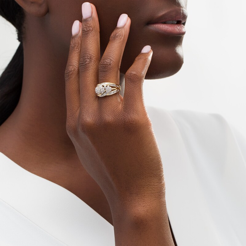 Main Image 2 of 1 CT. T.W. Composite Diamond Flower Multi-Row Ring in 10K Gold