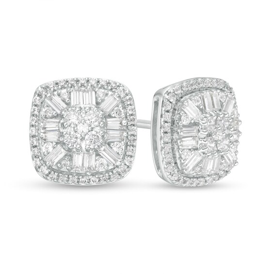 1 CT. T.w. Composite Cushion Diamond Double Frame Stud Earrings in 10K White Gold