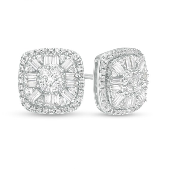 1 CT. T.W. Composite Cushion Diamond Double Frame Stud Earrings in 10K ...