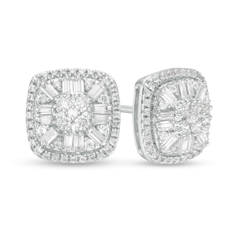 1 CT. T.W. Composite Cushion Diamond Double Frame Stud Earrings in 10K White Gold