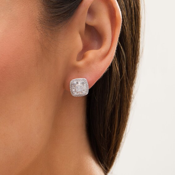 1 CT. T.w. Composite Cushion Diamond Double Frame Stud Earrings in 10K White Gold