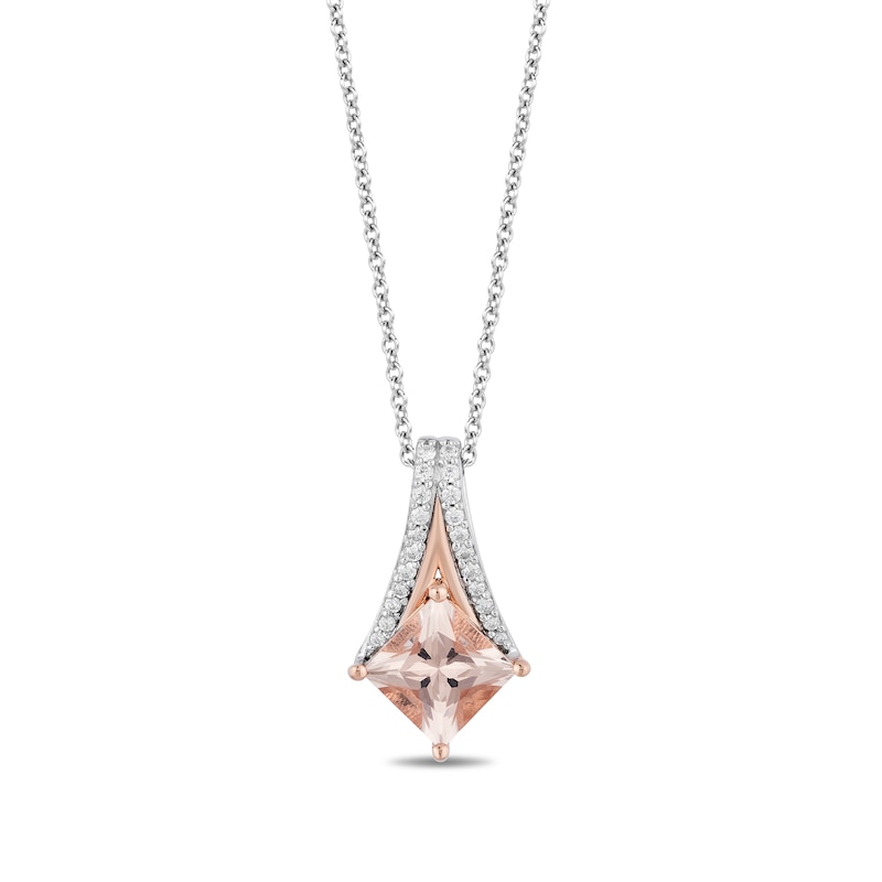 Main Image 1 of Enchanted Disney Aurora 6.0mm Princess-Cut Morganite and 1/10 CT. T.W. Diamond Pendant in Sterling Silver and 10K Rose Gold - 19"