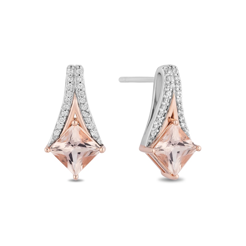 Main Image 1 of Enchanted Disney Aurora Princess-Cut Morganite and 1/10 CT. T.W. Diamond Earrings in Sterling Silver and 10K Rose Gold