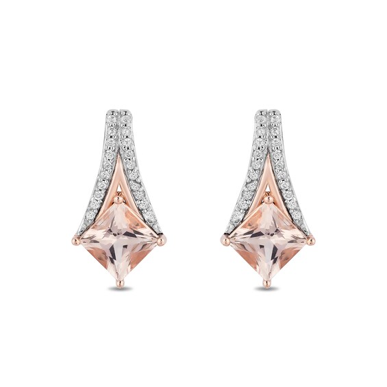 Enchanted Disney Aurora Princess-Cut Morganite and 1/10 CT. T.w. Diamond Earrings in Sterling Silver and 10K Rose Gold