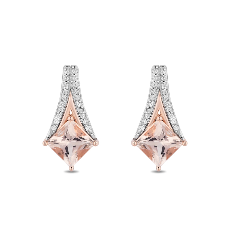 Main Image 2 of Enchanted Disney Aurora Princess-Cut Morganite and 1/10 CT. T.W. Diamond Earrings in Sterling Silver and 10K Rose Gold