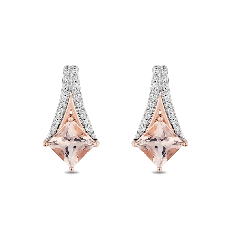 Enchanted Disney Aurora Princess-Cut Morganite and 1/10 CT. T.W. Diamond Earrings in Sterling Silver and 10K Rose Gold