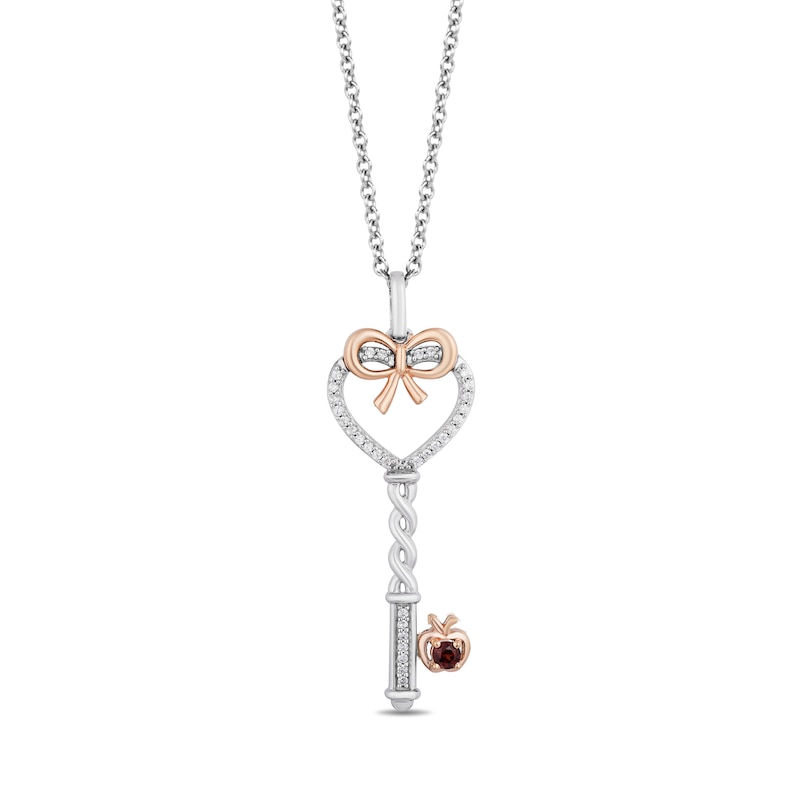 Main Image 1 of Enchanted Disney Snow White Garnet and 1/10 CT. T.W. Diamond Key Pendant in Sterling Silver and 10K Rose Gold - 19"