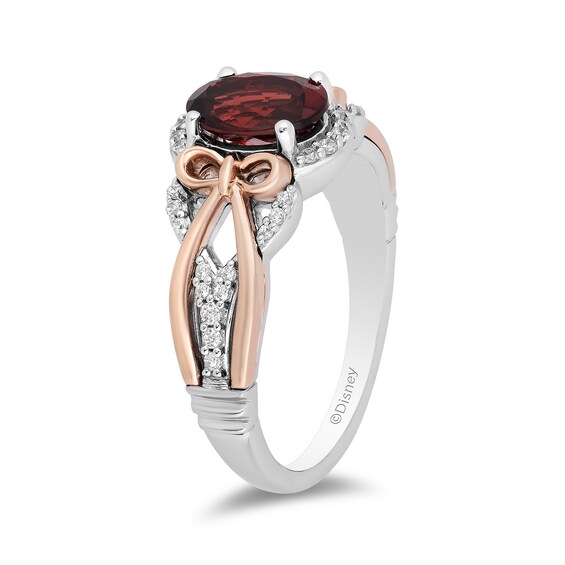 Enchanted Disney Snow White Oval Garnet and 1/6 CT. T.w. Diamond Ring in Sterling Silver and 10K Rose Gold