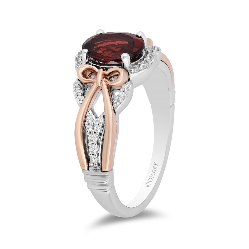 Enchanted Disney Snow White Oval Garnet and 1/6 CT. T.W. Diamond Ring in Sterling Silver and 10K Rose Gold