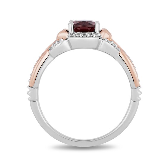 Enchanted Disney Snow White Oval Garnet and 1/6 CT. T.w. Diamond Ring in Sterling Silver and 10K Rose Gold