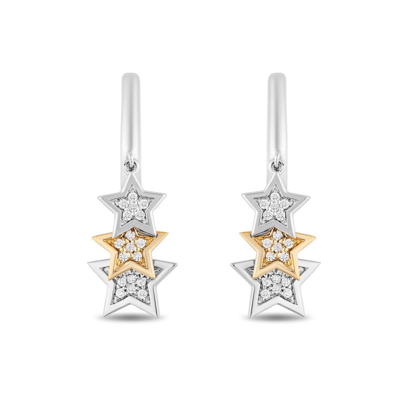 Main Image 1 of Enchanted Disney Tinker Bell 1/6 CT. T.W. Diamond Triple Star Hoop Earrings in Sterling Silver and 10K Gold