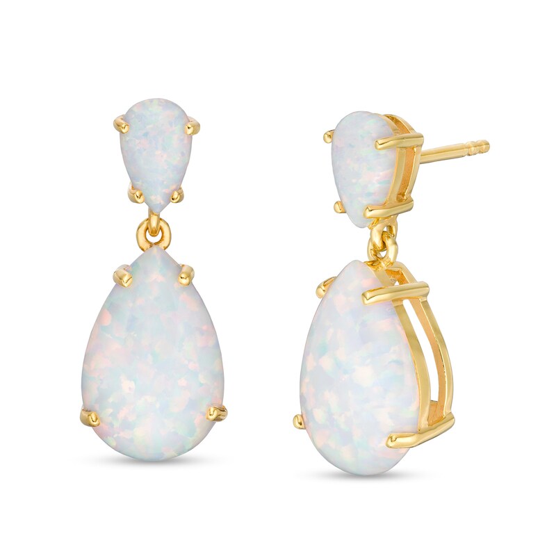 Main Image 1 of Pear-Shaped Lab-Created Opal Double Teardrop Earrings in Sterling Silver with 10K Gold Plate