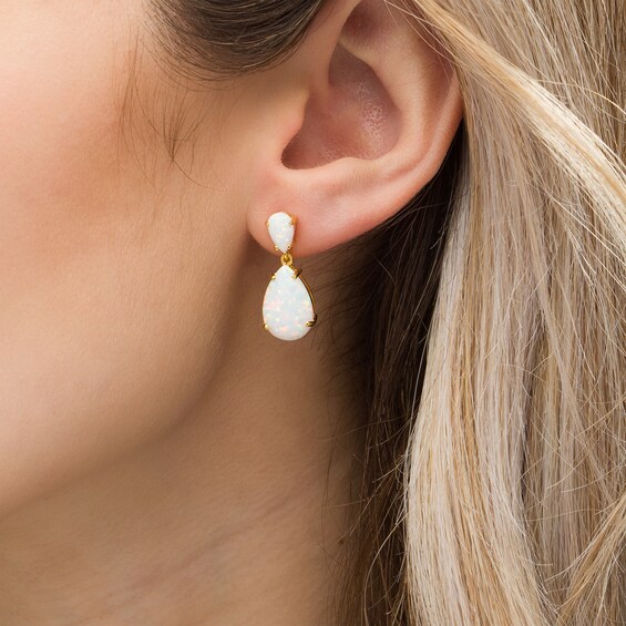 Pear-Shaped Lab-Created Opal Double Teardrop Earrings in Sterling Silver with 10K Gold Plate