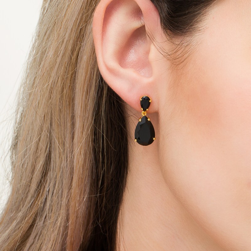 Main Image 2 of Pear-Shaped Onyx Double Teardrop Earrings in Sterling Silver with 10K Gold Plate