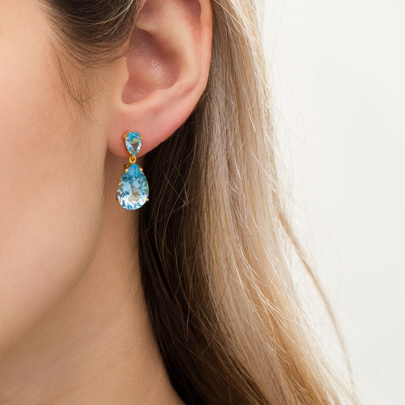 Main Image 2 of Pear-Shaped Blue Topaz Double Teardrop Earrings in Sterling Silver with 10K Gold Plate