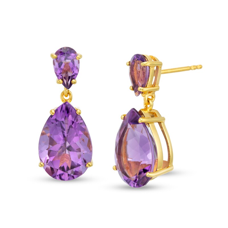 Pear-Shaped Amethyst Double Teardrop Earrings in Sterling Silver with 10K Gold Plate